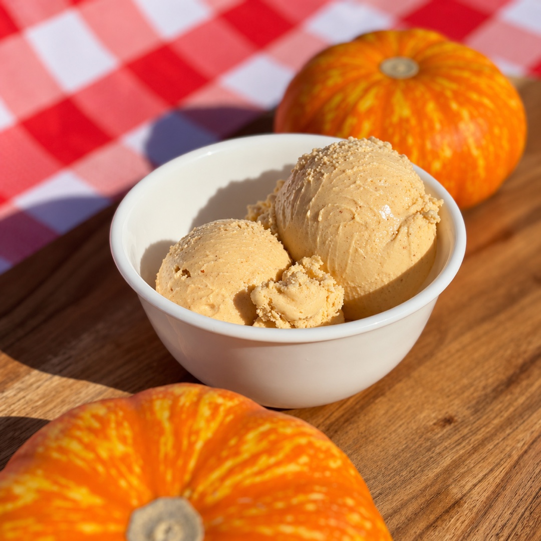 Pumpkin Ice Cream Pumpkin ice cream in a white bowl surrounded by decorative pumpkins on a wooden board.